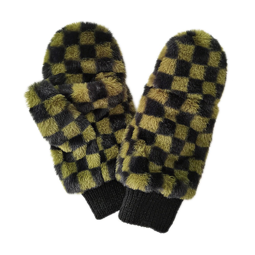 Faux Fur Checkered Mittens With Fold-Over Finger Covering. - Lined Inside - One Size Fits Most - 100% Polyester view 2