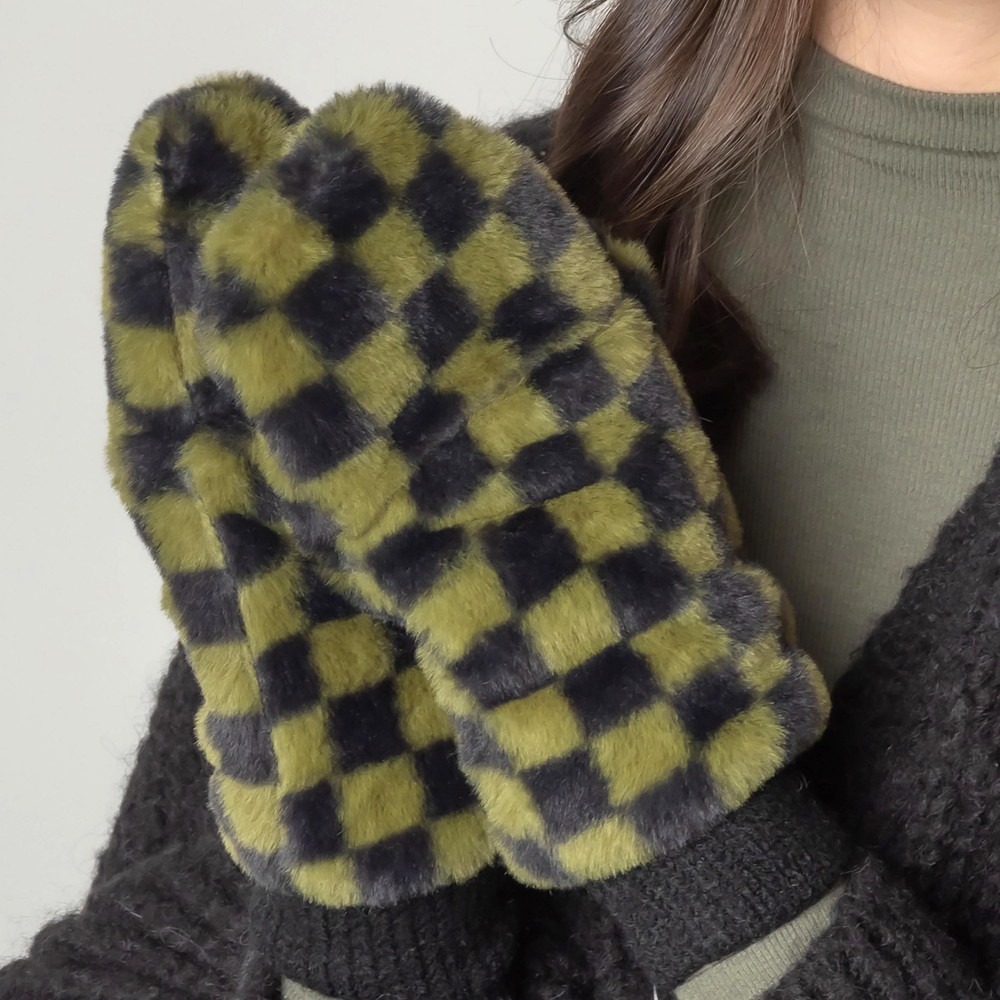 Faux Fur Checkered Mittens With Fold-Over Finger Covering. - Lined Inside - One Size Fits Most - 100% Polyester view 4