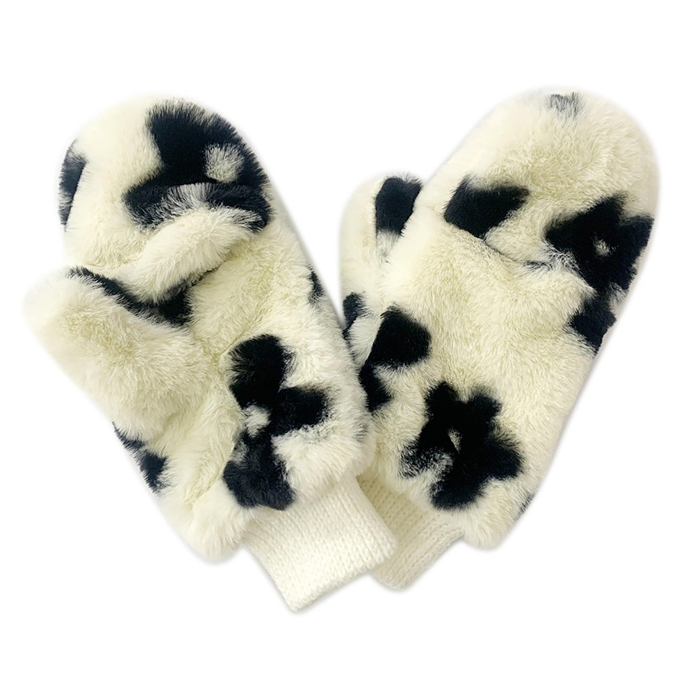 Faux Fur Flower Print Mittens With Fold-Over Finger Covering. - Lined Inside - One Size Fits Most - 100% Polyester view 2