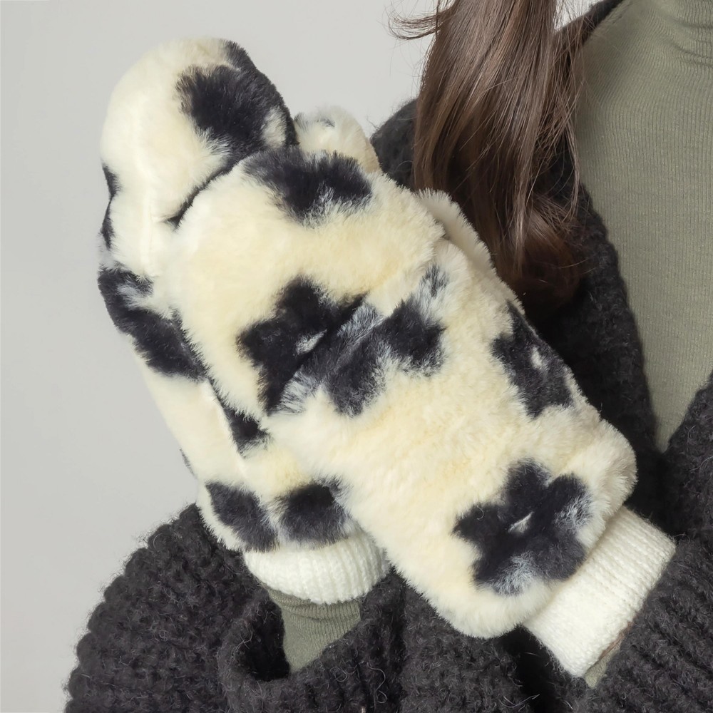 Faux Fur Flower Print Mittens With Fold-Over Finger Covering. - Lined Inside - One Size Fits Most - 100% Polyester view 4