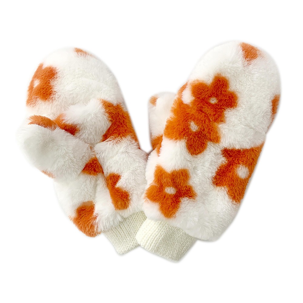 Faux Fur Flower Print Mittens With Fold-Over Finger Covering. - Lined Inside - One Size Fits Most - 100% Polyester view 2