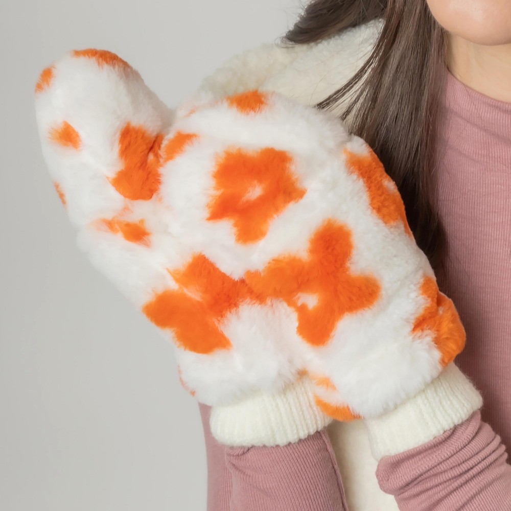 Faux Fur Flower Print Mittens With Fold-Over Finger Covering. - Lined Inside - One Size Fits Most - 100% Polyester view 4