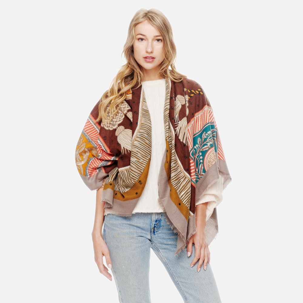 Printed Soft Scarf /Ruana With Fringe Detail -100% Polyester - Approximately 106" L/ 52" W view 2