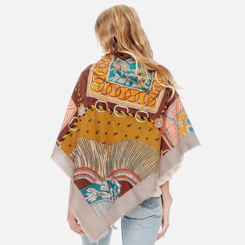 Printed Soft Scarf /Ruana With Fringe Detail -100% Polyester - Approximately 106" L/ 52" W view 4