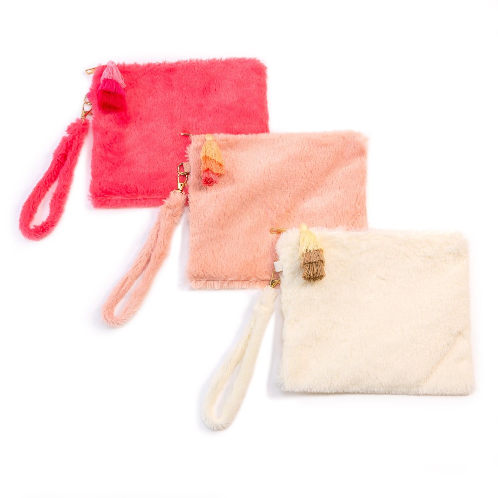 Faux Fur Wristlet Pouch Handbag With Tassel Zipper Pull - Full Zip Closure - One Internal Pocket - Approximately 8.5" W x 7" H - 100% Polyester view 4