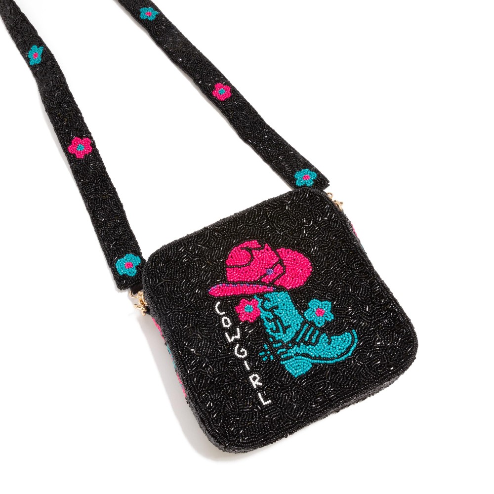 Cowgirl Boot & Hat Seed Beaded Cross Body Bag - Full Zipper Closure - Removable Beaded Strap Approximately 22" Drop - Approximately 7"W X 7.5" T X 2" D view 2