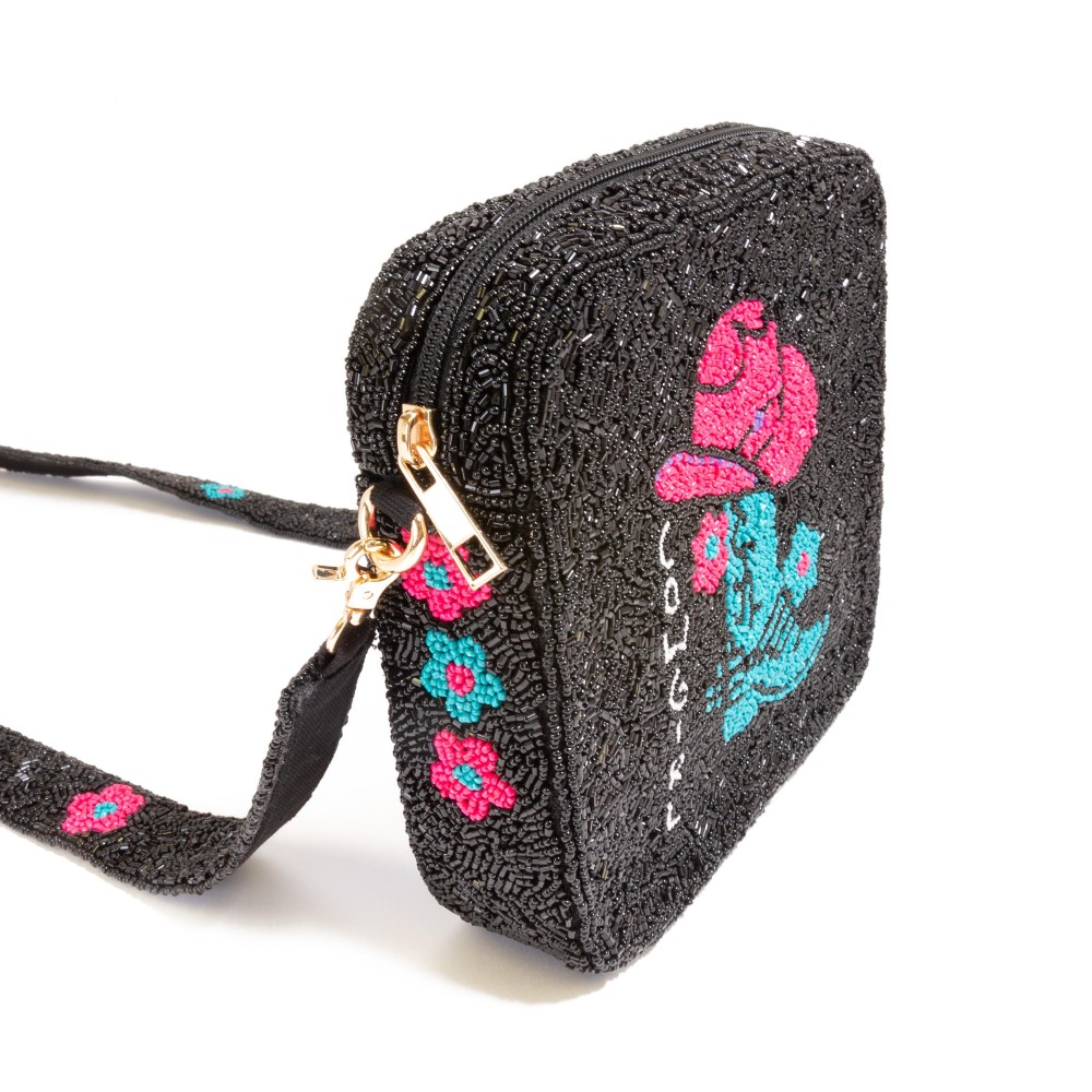 Cowgirl Boot & Hat Seed Beaded Cross Body Bag - Full Zipper Closure - Removable Beaded Strap Approximately 22" Drop - Approximately 7"W X 7.5" T X 2" D view 4