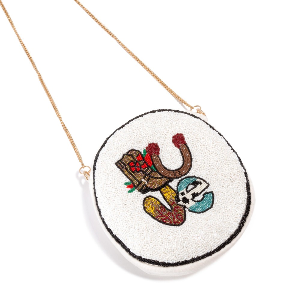 Circular Western LOVE Seed Beaded Bag - Full Zipper Closure - One Main Body Pocket - Fixed Gold Cross Body Chain Approximately 22" Drop - Approximately 7.5" Diameter X 1.5" Deep view 2