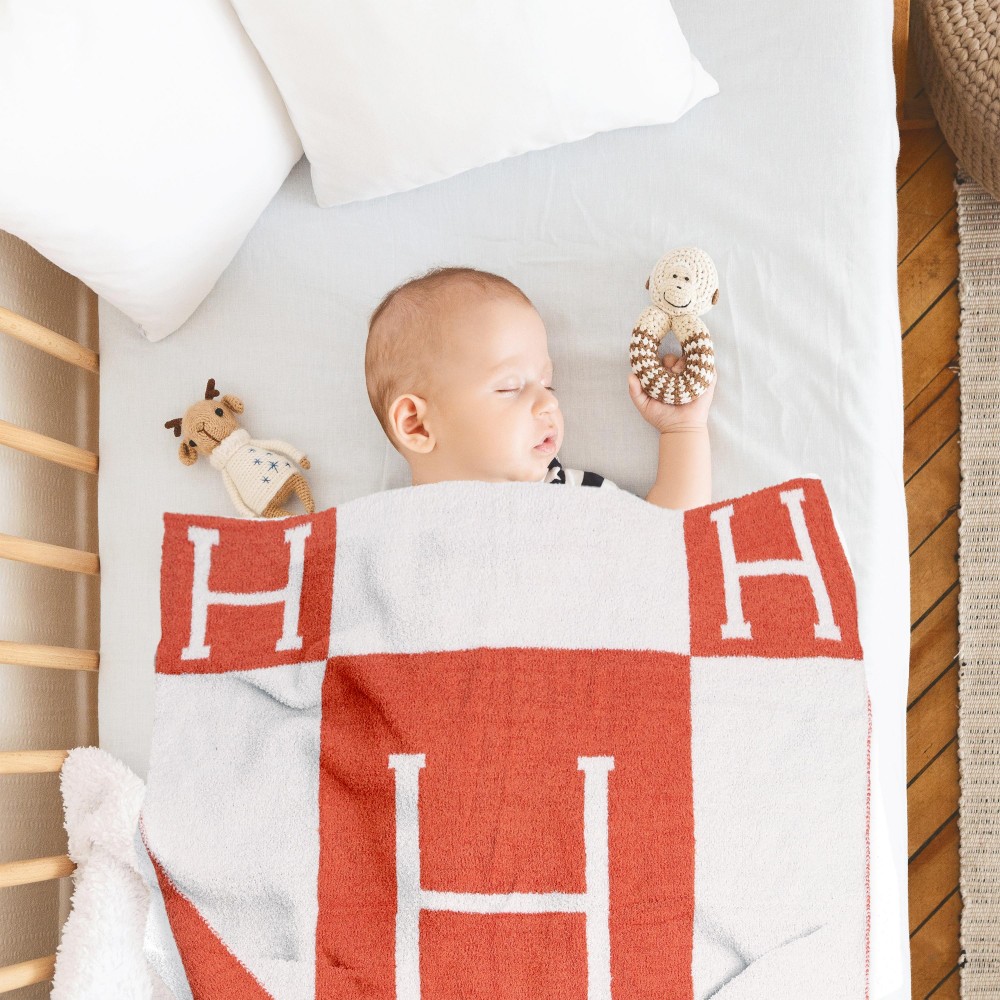 Super Soft Comfy Luxe H Print Knit Baby Blanket. - Extra Plush and Cozy - Approximately 29” W X 35” L - 100% Polyester view 4