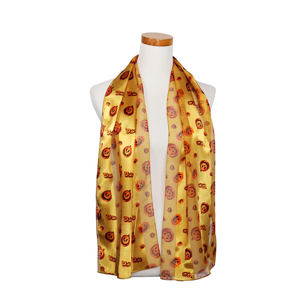 Halloween Jack O Lantern Printed Satin Scarf - 100% Polyester - Approximately 58" L x 13.5" W view 4