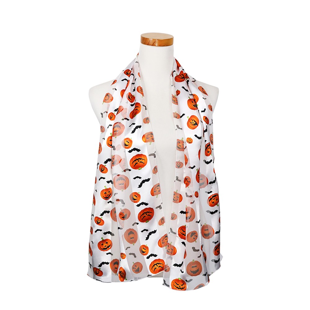 Halloween Jack O Lantern and Bat Printed Satin Scarf - 100% Polyester - Approximately 58" L x 13.5" W view 4