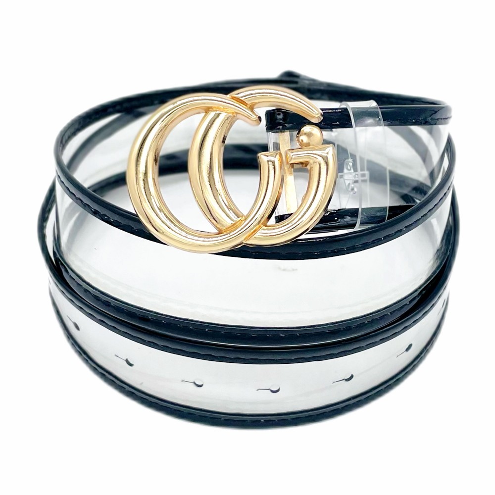Clear Belt With Leather Hemlines And Gold Interlocking Buckle -One Size Fits Most - Adjustable 28" -39" L - Approximately 42" L - 100% PU view 2