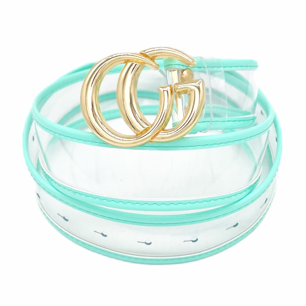 Clear Belt With Leather Hemlines And Gold Interlocking Buckle -One Size Fits Most - Adjustable 28" -39" L - Approximately 42" L - 100% PU view 2