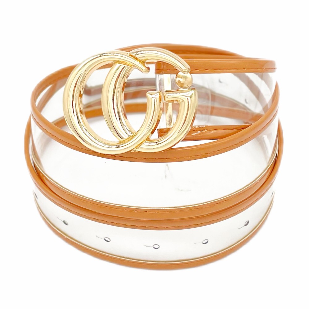 Clear Belt With Leather Hemlines And Gold Interlocking Buckle -One Size Fits Most - Adjustable 28" -39" L - Approximately 42" L - 100% PU view 2