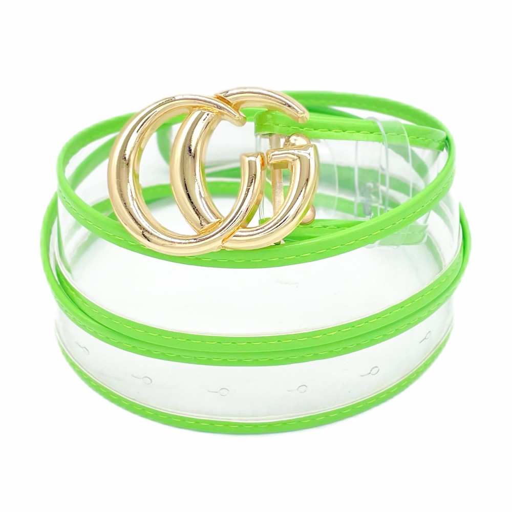 Clear Belt With Leather Hemlines And Gold Interlocking Buckle -One Size Fits Most - Adjustable 28" -39" L - Approximately 42" L - 100% PU view 2