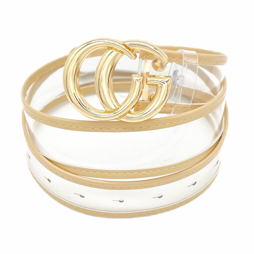 Clear Belt With Leather Hemlines And Gold Interlocking Buckle -One Size Fits Most - Adjustable 28" -39" L - Approximately 42" L - 100% PU view 2