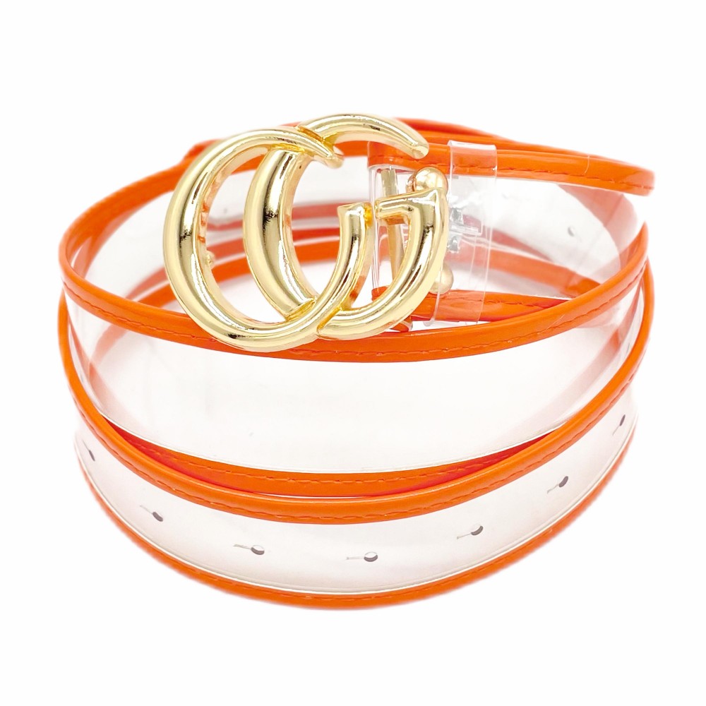 Clear Belt With Leather Hemlines And Gold Interlocking Buckle -One Size Fits Most - Adjustable 28" -39" L - Approximately 42" L - 100% PU view 2