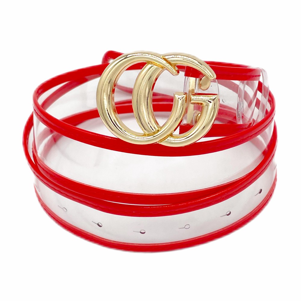 Clear Belt With Leather Hemlines And Gold Interlocking Buckle -One Size Fits Most - Adjustable 28" -39" L - Approximately 42" L - 100% PU view 2
