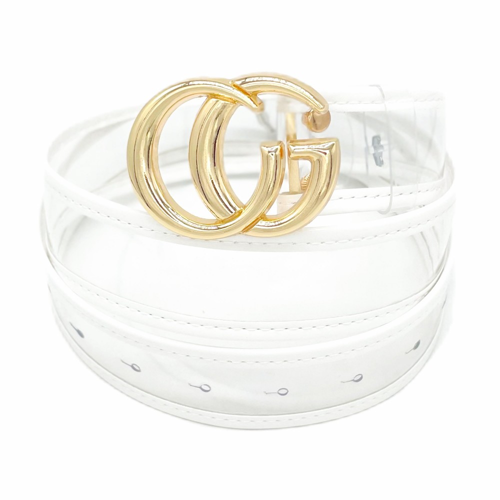 Clear Belt With Leather Hemlines And Gold Interlocking Buckle -One Size Fits Most - Adjustable 28" -39" L - Approximately 42" L - 100% PU view 2
