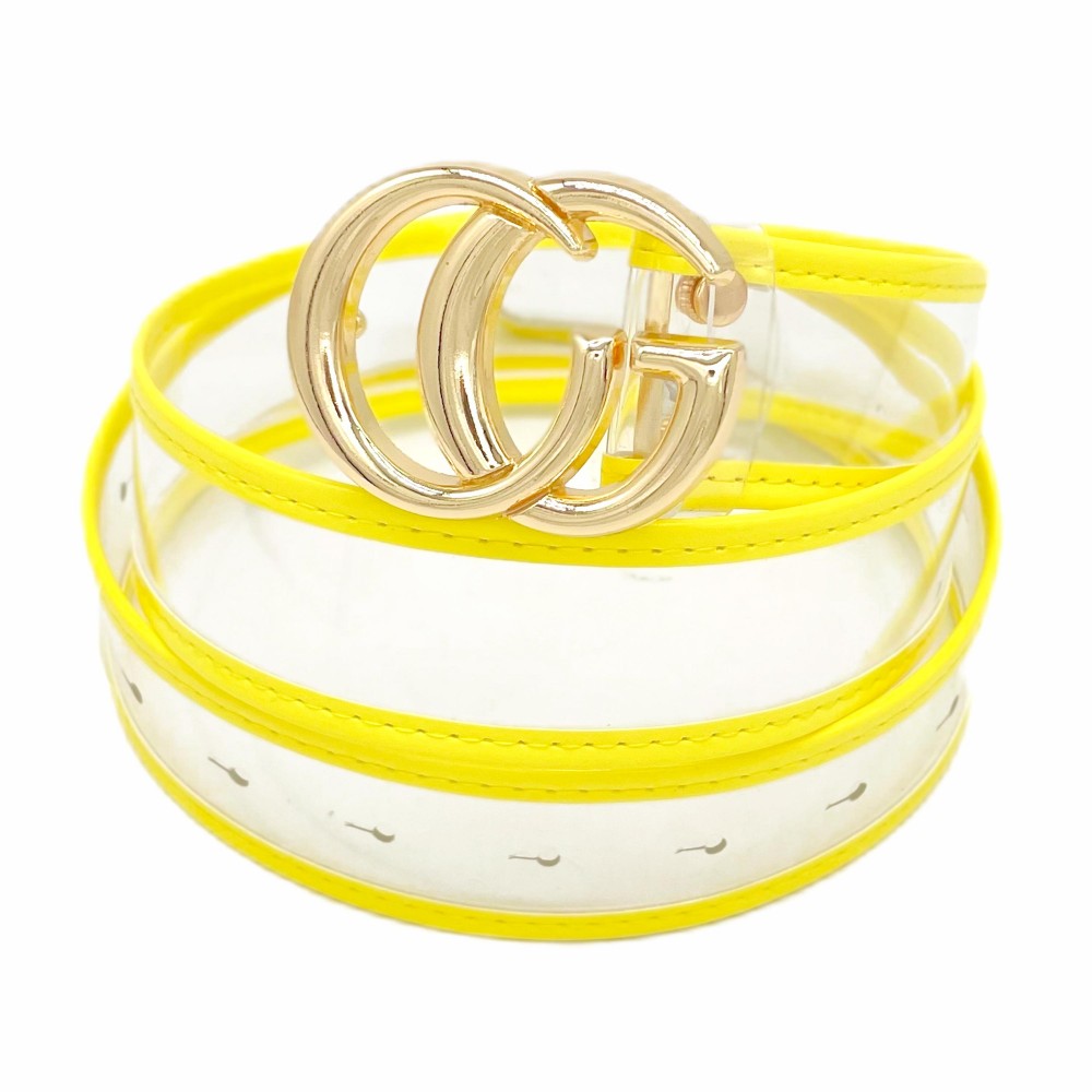 Clear Belt With Leather Hemlines And Gold Interlocking Buckle -One Size Fits Most - Adjustable 28" -39" L - Approximately 42" L - 100% PU view 2