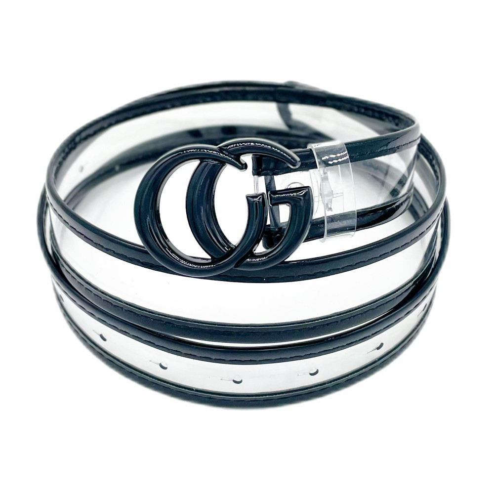 Clear Belt With Leather Hemlines and Matching Interlocking Buckle - One Size Fits Most - Adjustable 28"-39" - Approximately 42" L view 2