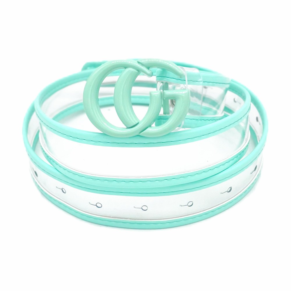 Clear Belt With Leather Hemlines and Matching Interlocking Buckle - One Size Fits Most - Adjustable 28"-39" - Approximately 42" L view 2