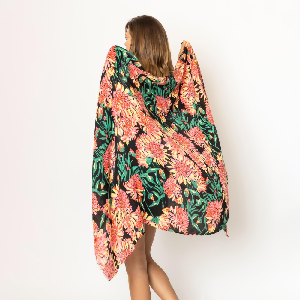 Floral Print Scarf With Fringe Hem - Approximately 76" L x 35" W - 100% Polyester view 2