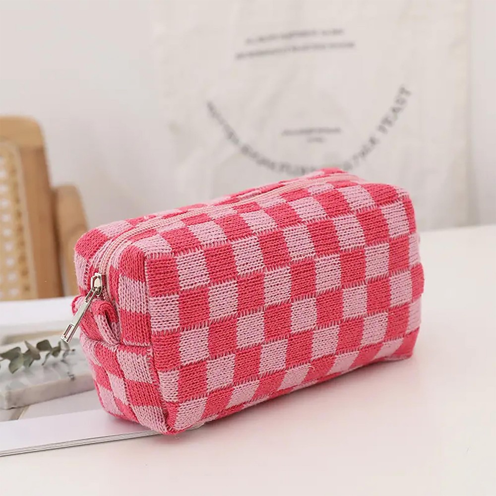 Knit Checkered Makeup / Travel Pouch - Full Zip Closure - Lined - Polyester Blend - Approximately 6.5"W x 4"H x 2.5"D view 2
