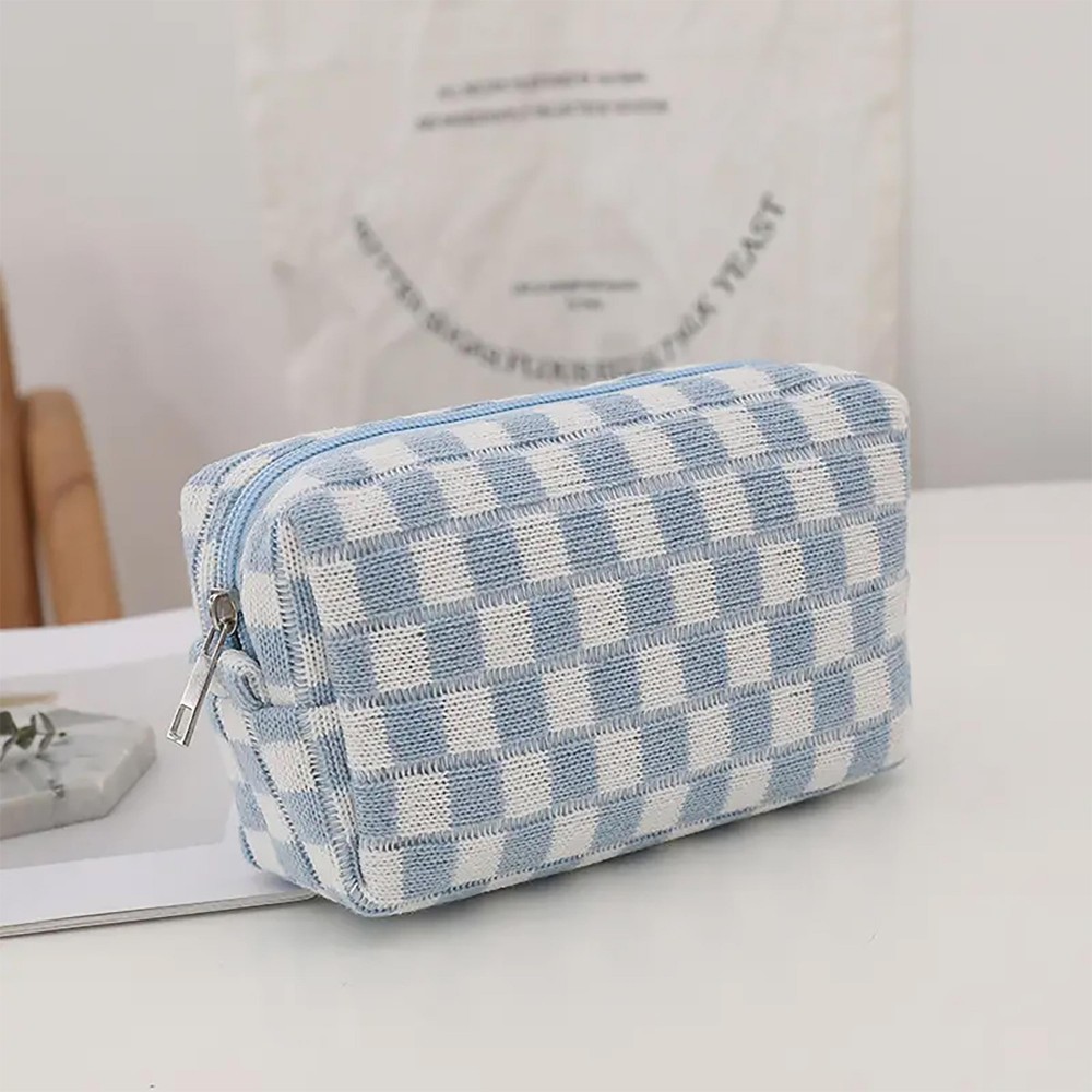 Knit Checkered Makeup / Travel Pouch - Full Zip Closure - Lined - Polyester Blend - Approximately 6.5"W x 4"H x 2.5"D view 2