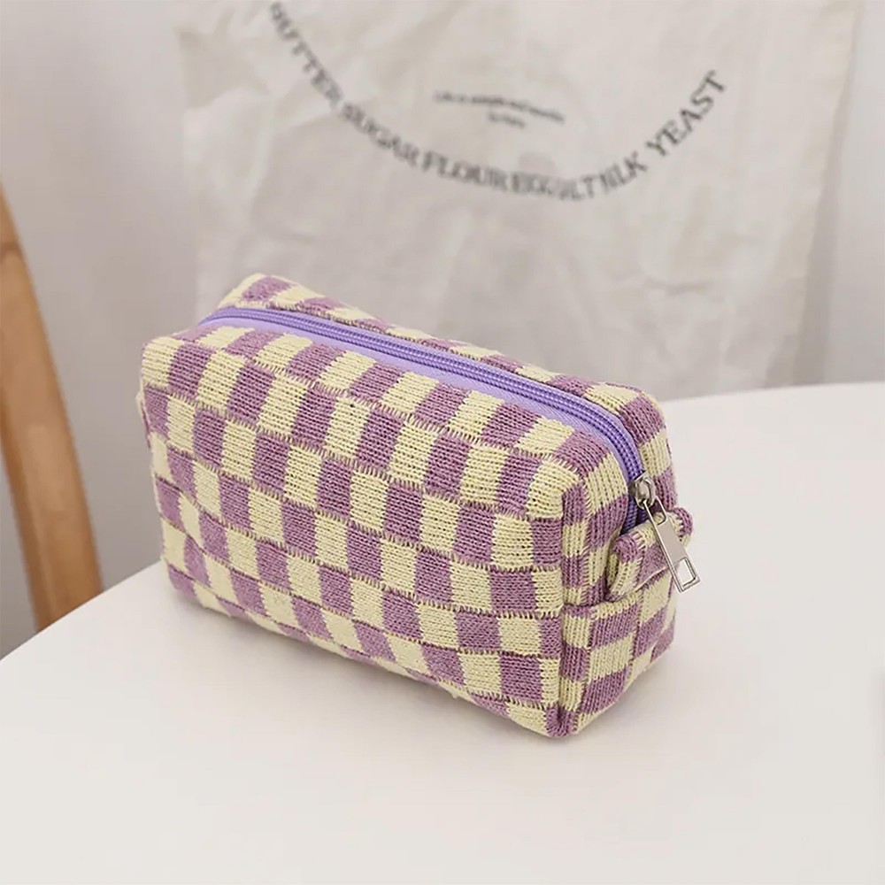 Knit Checkered Makeup / Travel Pouch - Full Zip Closure - Lined - Polyester Blend - Approximately 6.5"W x 4"H x 2.5"D view 2