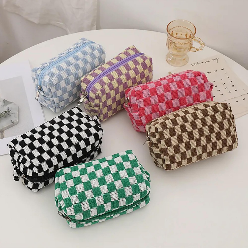 Knit Checkered Makeup / Travel Pouch - Full Zip Closure - Lined - Polyester Blend - Approximately 6.5"W x 4"H x 2.5"D view 6