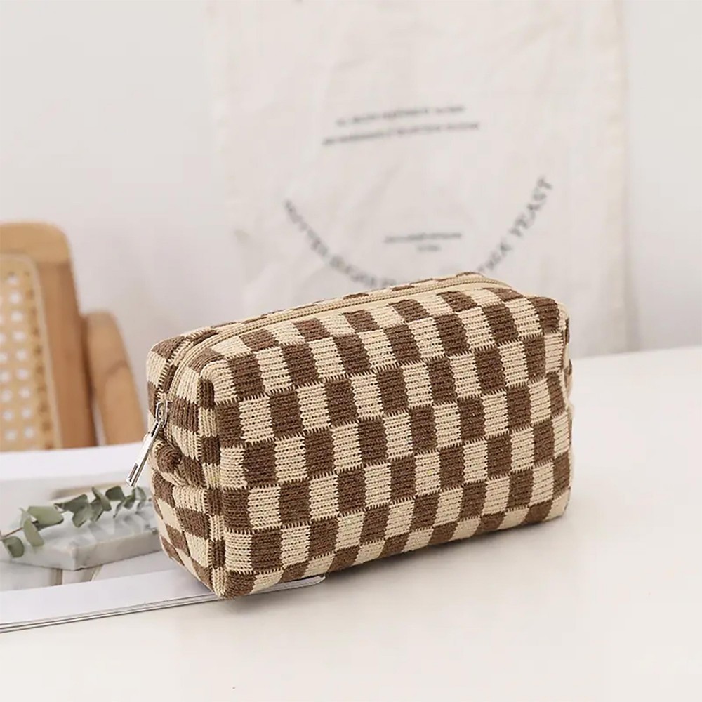 Knit Checkered Makeup / Travel Pouch - Full Zip Closure - Lined - Polyester Blend - Approximately 6.5"W x 4"H x 2.5"D view 2