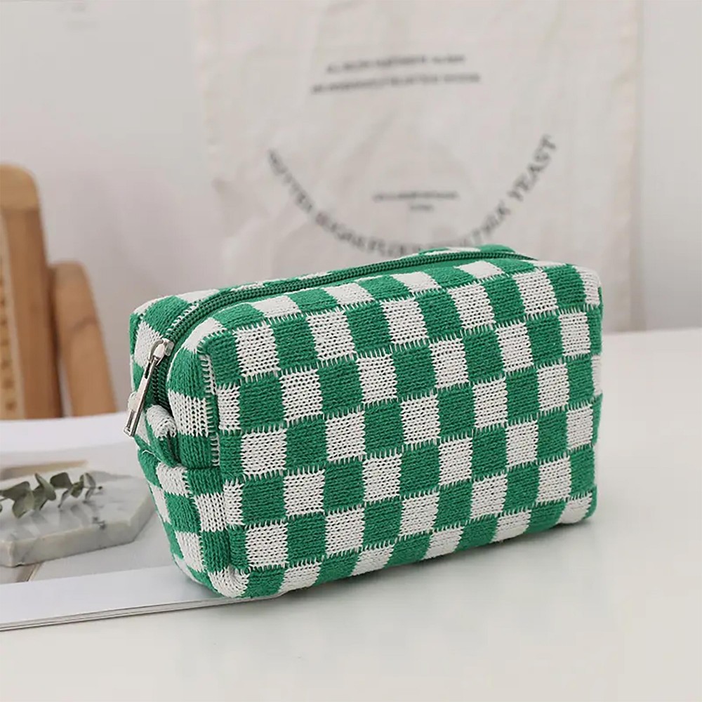 Knit Checkered Makeup / Travel Pouch - Full Zip Closure - Lined - Polyester Blend - Approximately 6.5"W x 4"H x 2.5"D view 2