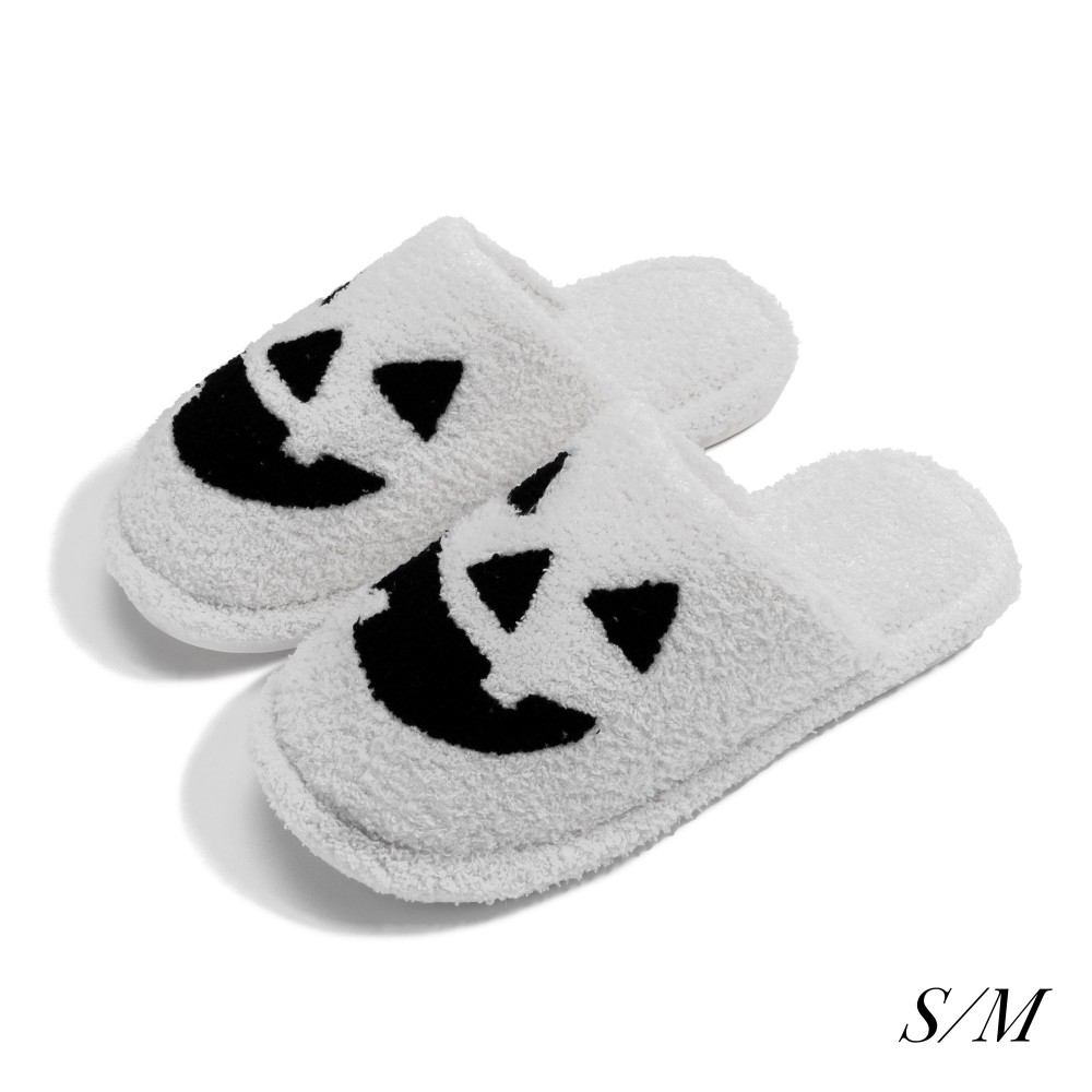 Plush Jack O Lantern Halloween Slide On Slippers - US Women's Size: S/M (6-8) M/L (8-10) - 100% Polyester - Rubber Sole view 2