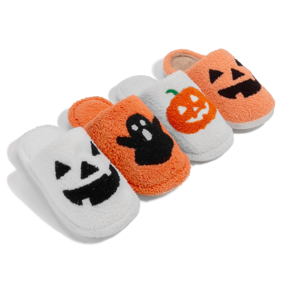 Plush Jack O Lantern Halloween Slide On Slippers - US Women's Size: S/M (6-8) M/L (8-10) - 100% Polyester - Rubber Sole view 4