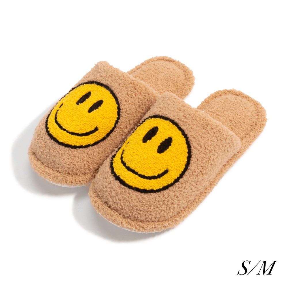 Plush Smile Slide On Slippers - US Women's Size: S/M (6-8) M/L (8-10) - 100% Polyester - Rubber Sole view 2
