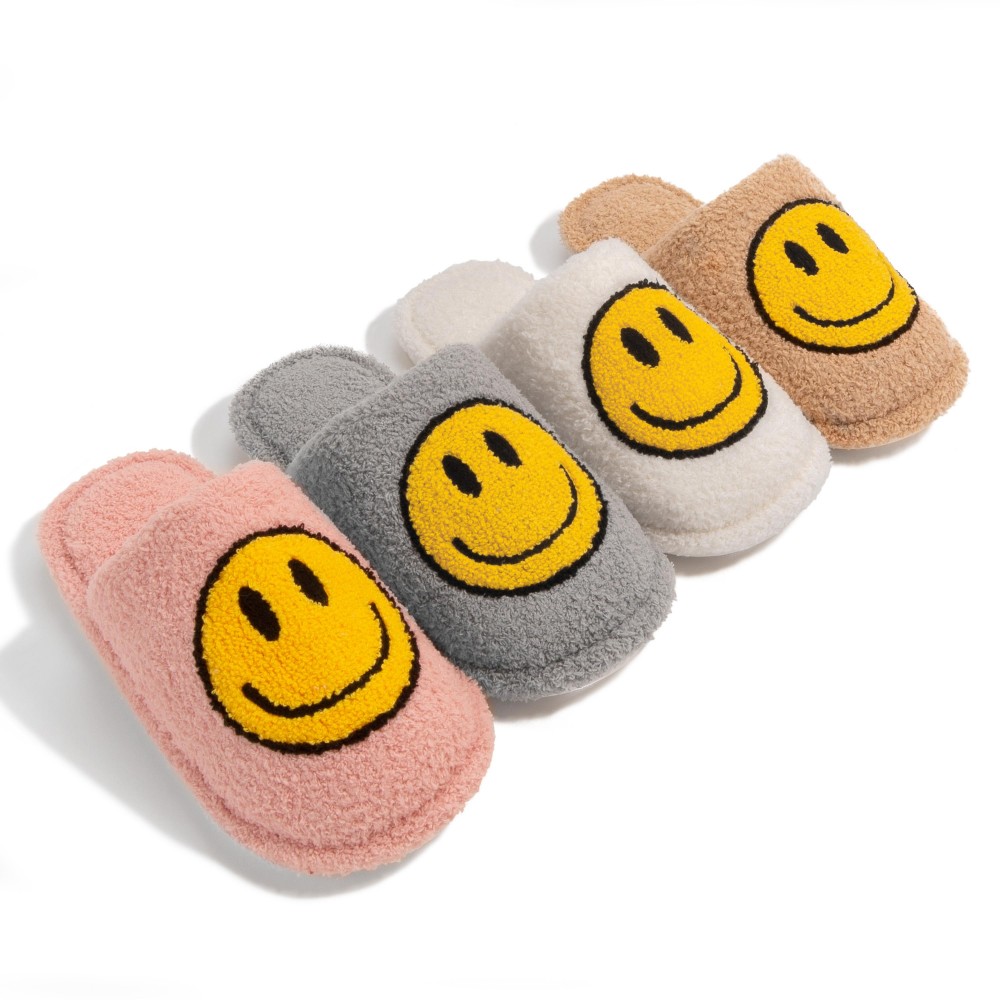 Plush Smile Slide On Slippers - US Women's Size: S/M (6-8) M/L (8-10) - 100% Polyester - Rubber Sole view 4