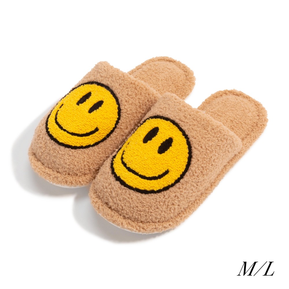 Plush Smile Slide On Slippers - US Women's Size: S/M (6-8) M/L (8-10) - 100% Polyester - Rubber Sole view 2