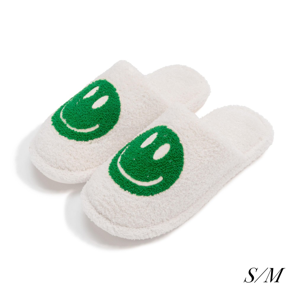 Plush Happy Face Slide On Slippers - US Women's Size: S/M (6-8) M/L (8-10) - 100% Polyester - Rubber Sole view 2