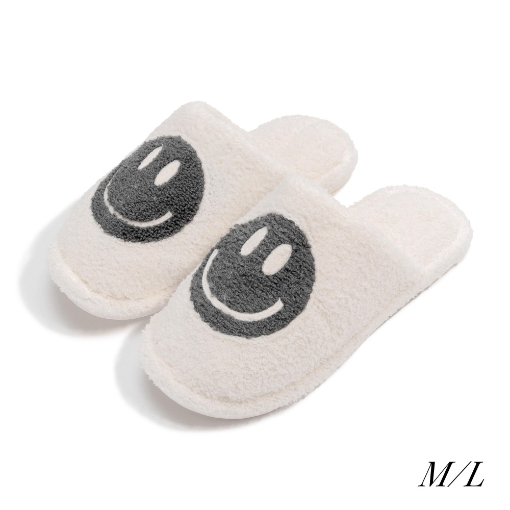 Plush Happy Face Slide On Slippers - US Women's Size: S/M (6-8) M/L (8-10) - 100% Polyester - Rubber Sole view 2