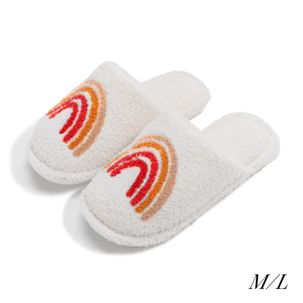Plush Rainbow Slide On Slippers - US Women's Size: S/M (6-8) M/L (8-10) - 100% Polyester - Rubber Sole view 2
