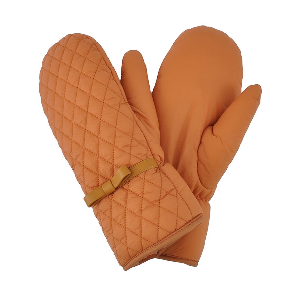 Quilted Puffer Mittens with Leather Bow Accent - Faux Fur Lined - One Size Fits Most - 100% Polyester view 2