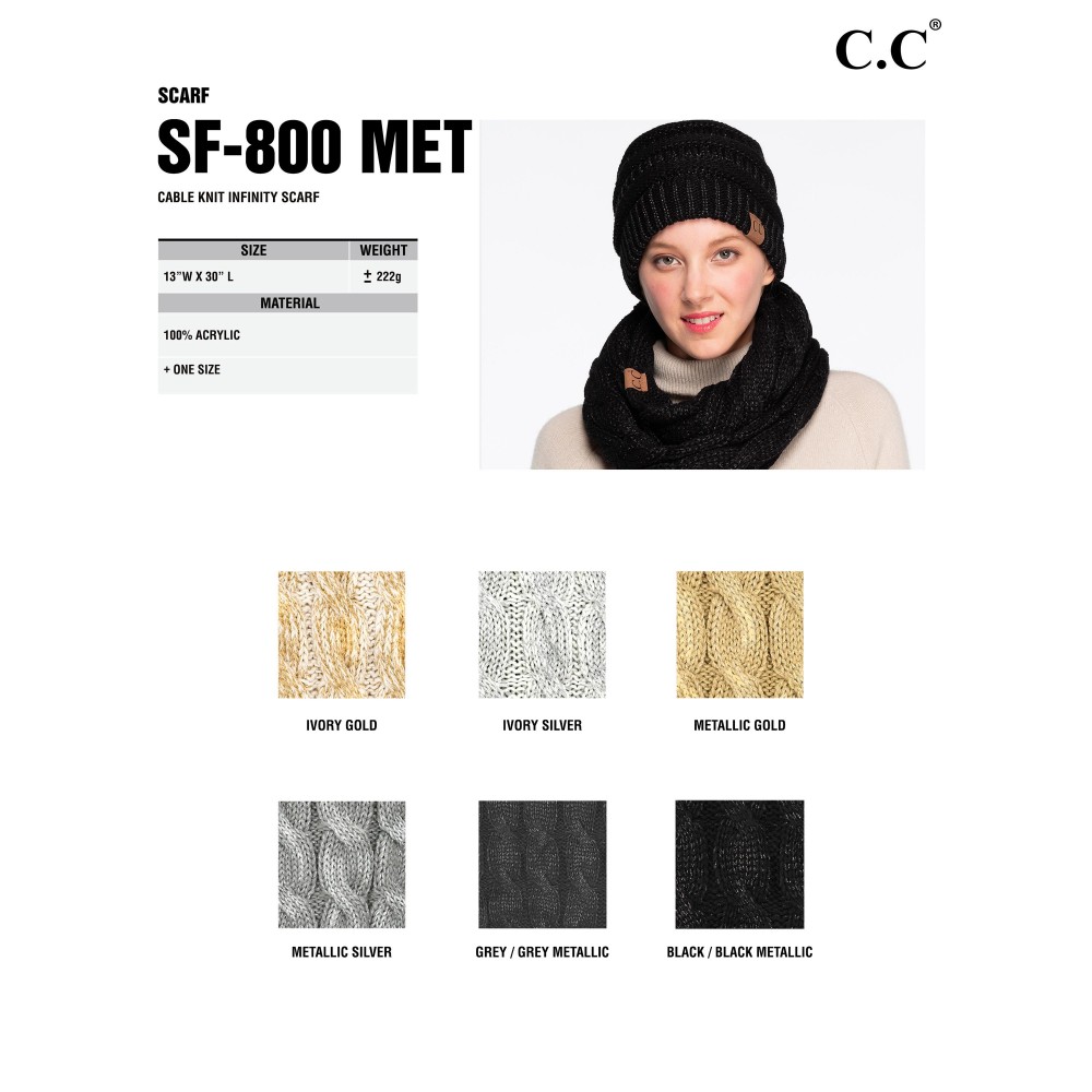 C.C SF-800 MET Cable Knit Infinity Scarf With Metallic Thread - One Size Fits Most - Approximately 13"W X 30"L - 100% Acrylic view 4