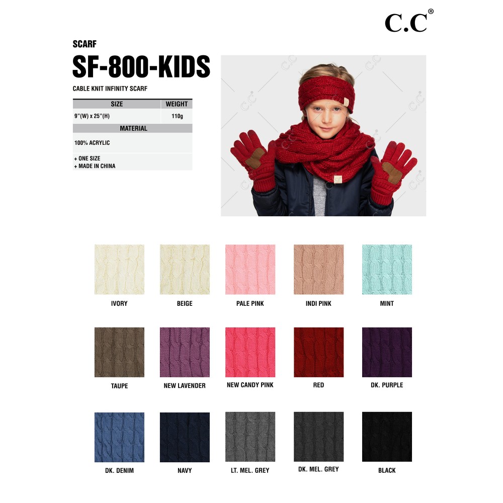 C.C SF-800 KIDS Kids Cable Knit Infinity Scarf - 100% Acrylic - W: 9" X L: 51" view 4