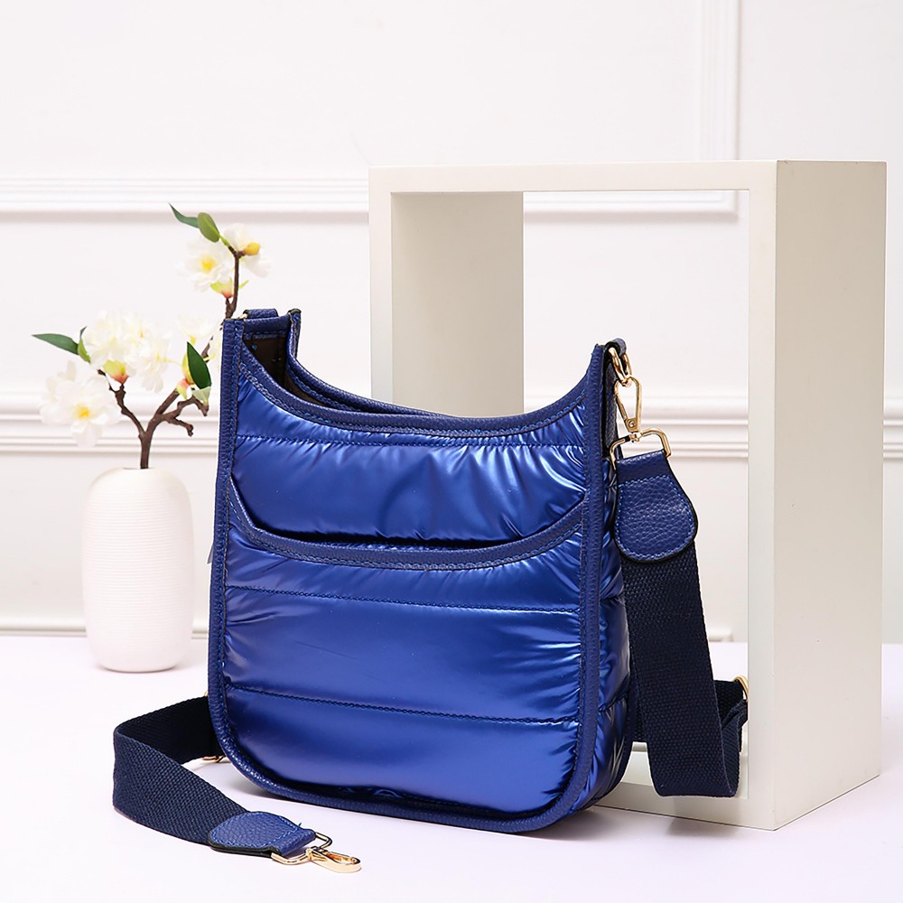 Horizontal Quilted Puffer Crossbody Bag - One Open Front Pocket - Magnetic Snap Closure - Approximately 9" W X 8" T X 2.5" D - Strap Drop 15"-24" L view 2