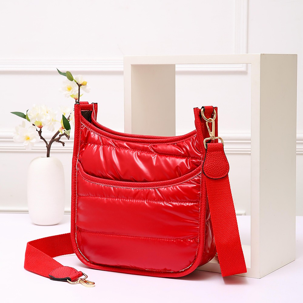 Horizontal Quilted Puffer Crossbody Bag - One Open Front Pocket - Magnetic Snap Closure - Approximately 9" W X 8" T X 2.5" D - Strap Drop 15"-24" L view 2