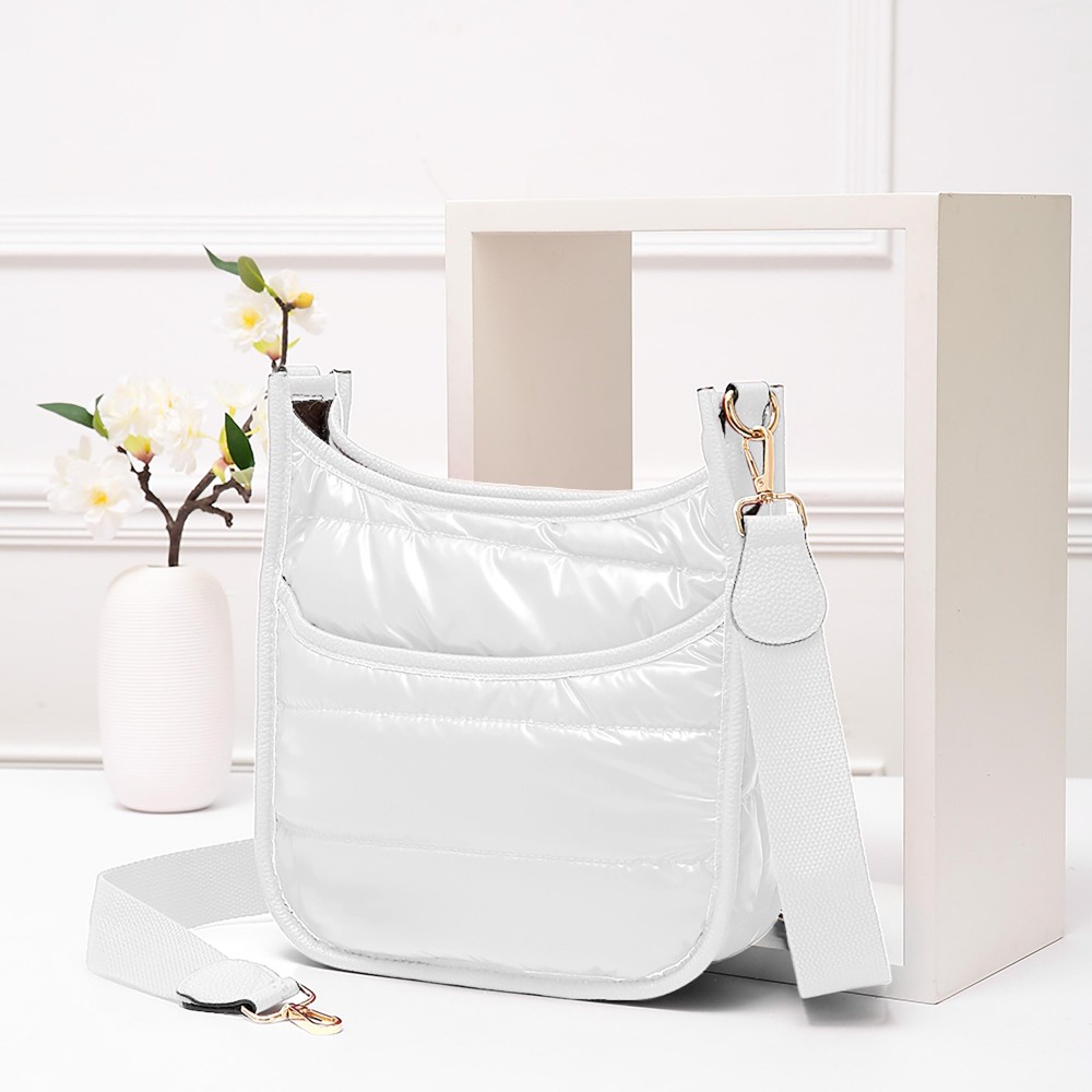 Horizontal Quilted Puffer Crossbody Bag - One Open Front Pocket - Magnetic Snap Closure - Approximately 9" W X 8" T X 2.5" D - Strap Drop 15"-24" L view 2