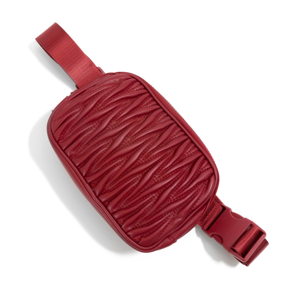 Scrunched Faux Leather Belt Bag - Full Zipper Closure - Textured On Both Sides - Three Open Internal Pockets - Approximately 14" -25" Drop - Body 7.5"W X 5"T X 2" D view 2