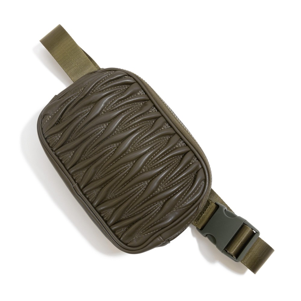 Scrunched Faux Leather Belt Bag - Full Zipper Closure - Textured On Both Sides - Three Open Internal Pockets - Approximately 14" -25" Drop - Body 7.5"W X 5"T X 2" D view 2