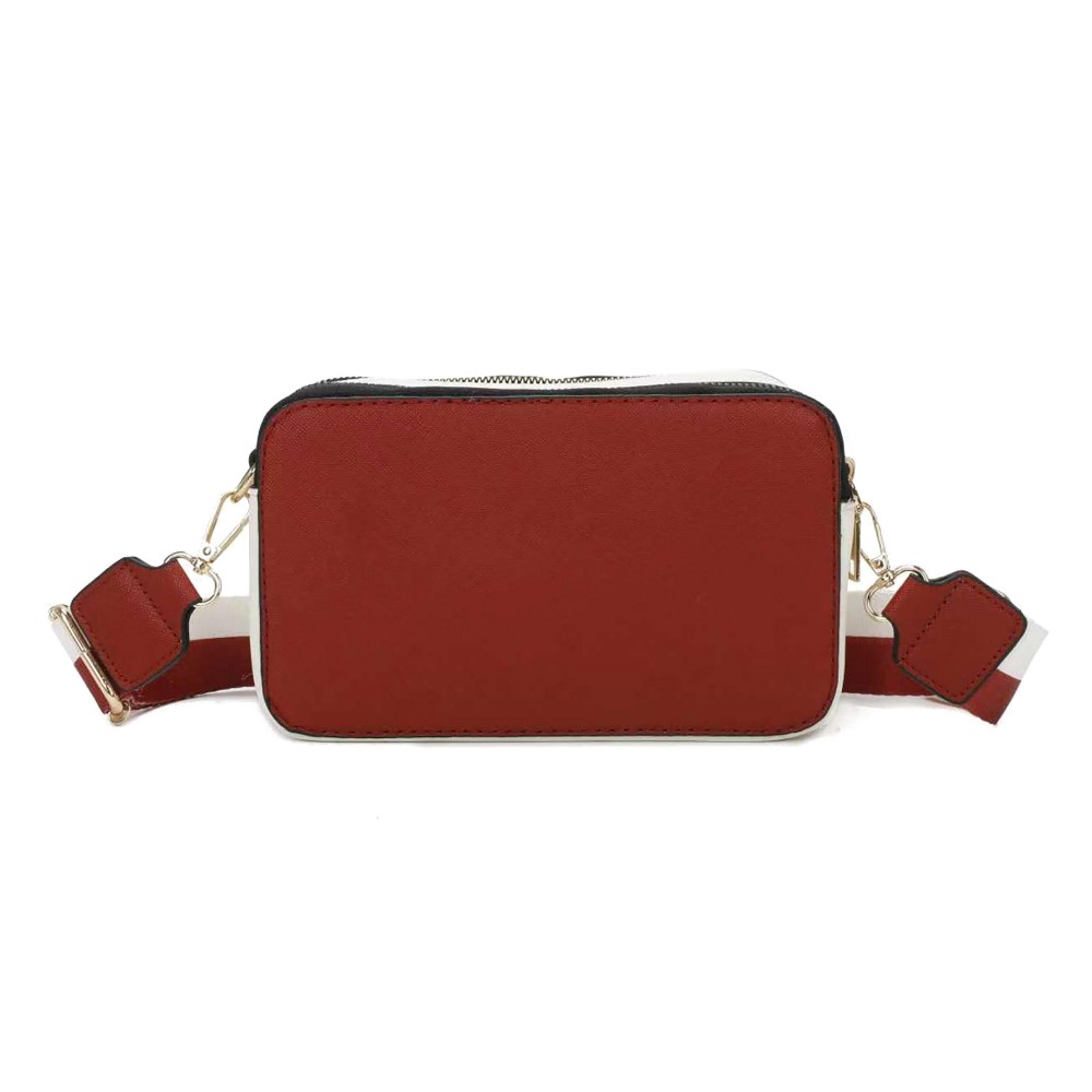 Game Day Two Tone Leather Crossbody - Full Zipper Closure - Two Main Body Pockets / One Open Back Pocket - Two Tone Adjustable/Removable Canvas Strap - Body Approximately 8"W X 5"T X 2"D - Strap Adjustable 25-50" L view 2